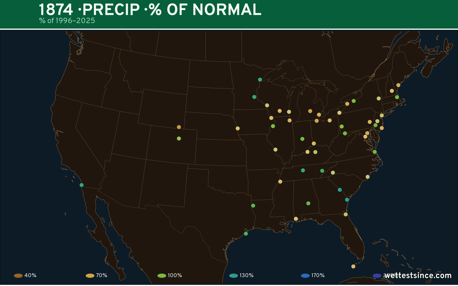 1874 U.S. precipitation percent-of-normal map