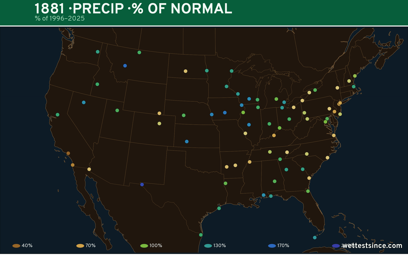 1881 U.S. precipitation percent-of-normal map