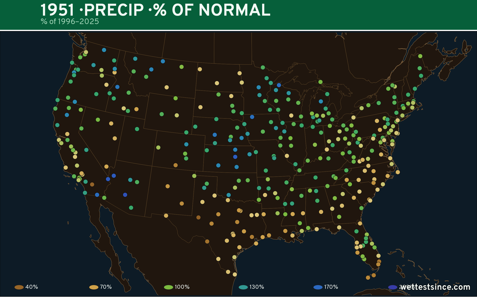 1951 U.S. precipitation percent-of-normal map