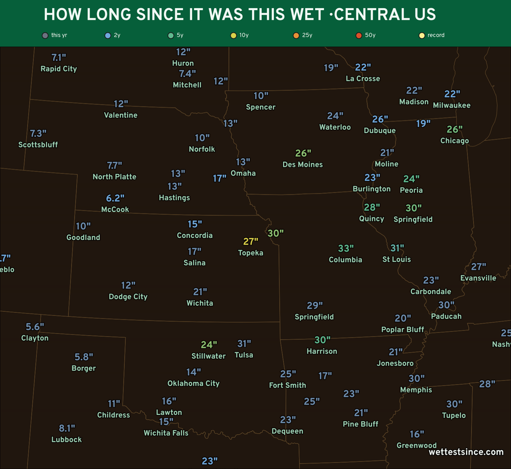 How long since it was this wet, city by city